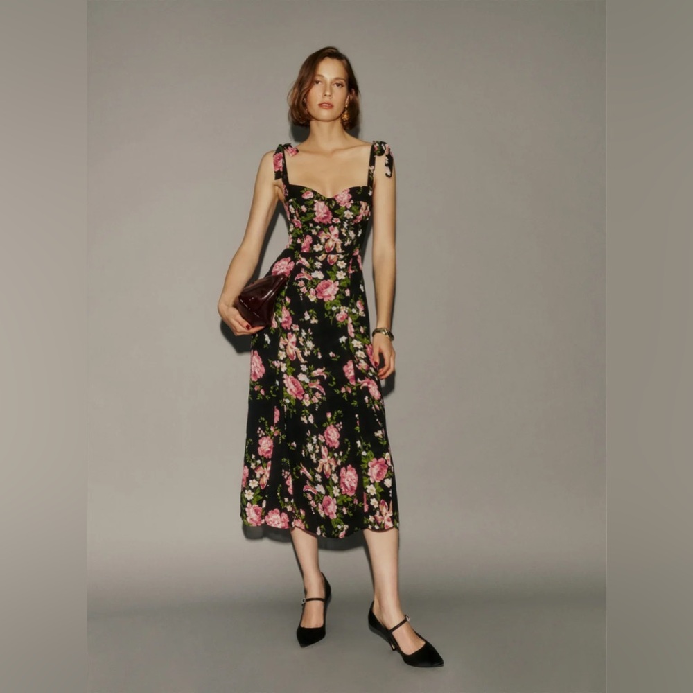 Reformation Nadira Black Midi Dress with Pink Calico Floral Print